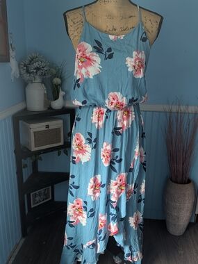 Brand New- Sky Blue Floral Maxi Dress with Pink Blooms